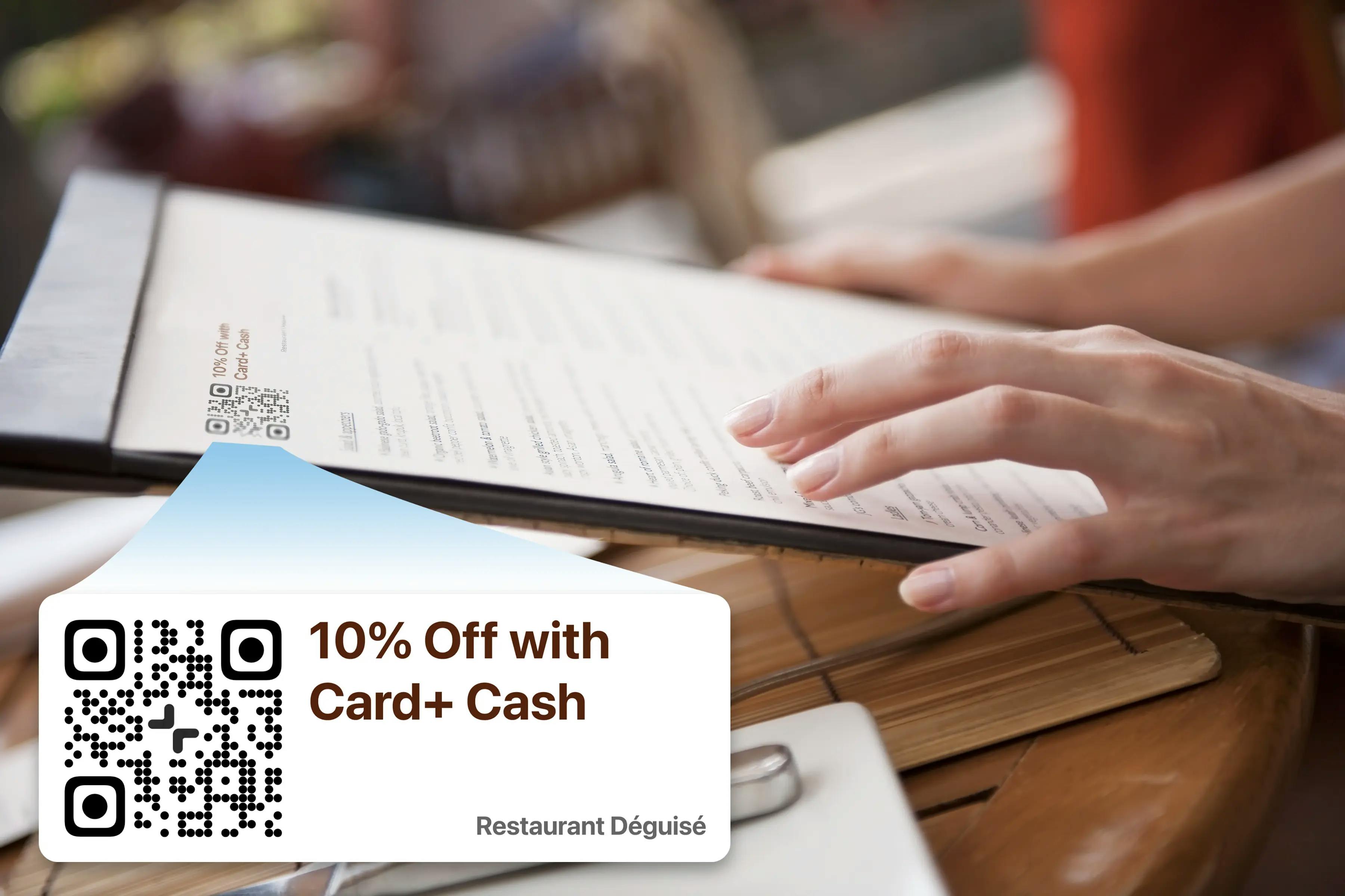 Offer at restaurant with QR code to checkout with Card+