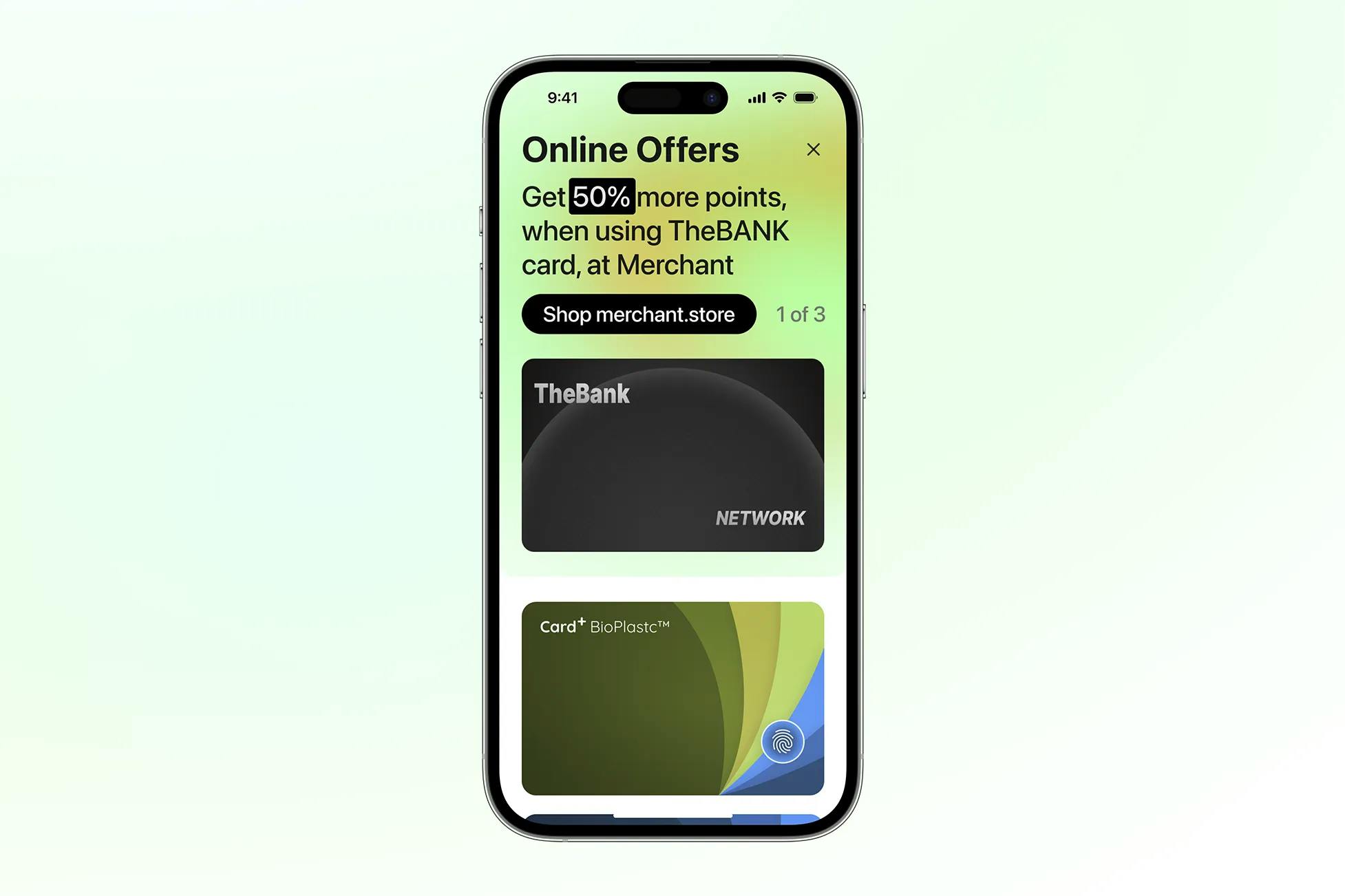 Online discount at a merchant store, via the Card+ App on a SmartPhone